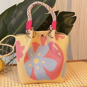 Tiktok Canvas Knit Hook Bag Beige/Pink/Blue Floral Pattern Rope Handles w/ Rings